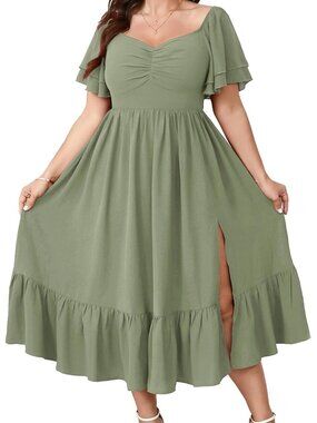 Sage Green Flutter Sleeve Midi Dress Wedding Guest Cocktail Formal